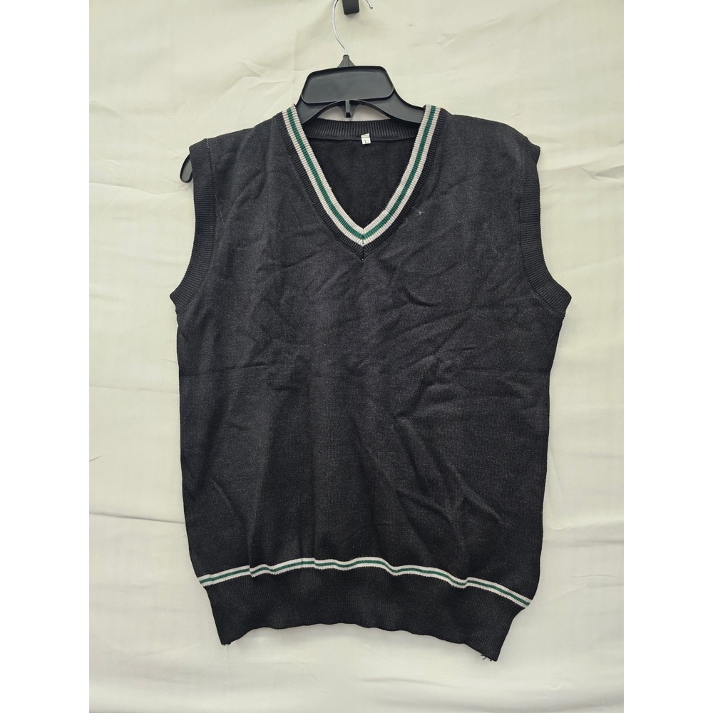 Unbranded Mens Charcoal Gray V-Neck Sweater Vest Green White Striped Trim Large